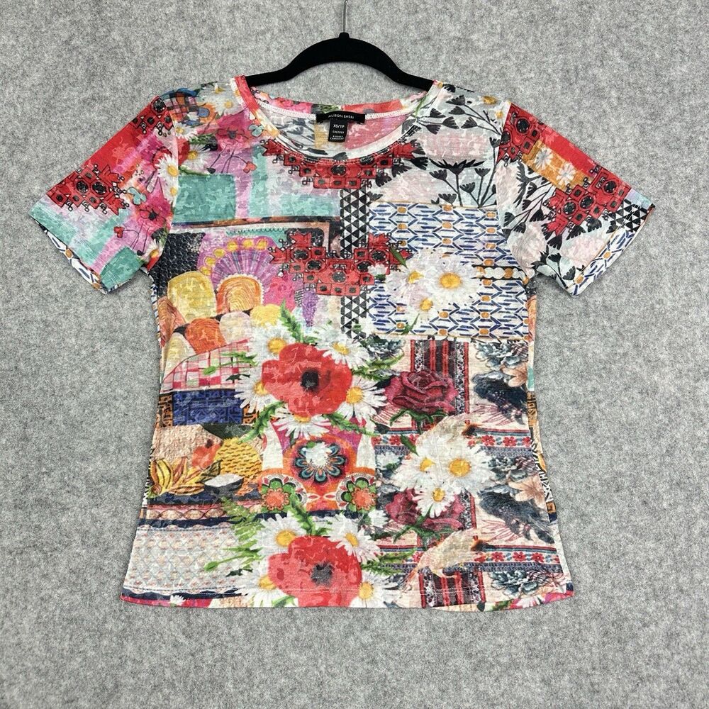 Alison Sheri Art Tee Shirt Top Blouse Womens XS Multicolor Floral Boho 90s*